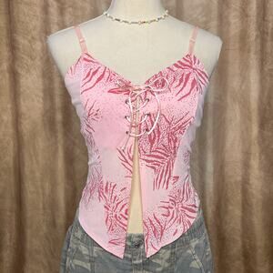 Vintage Y2K Lace Up Tank Top Cami Tiger Animal Print Pink Glitter McBling Euro